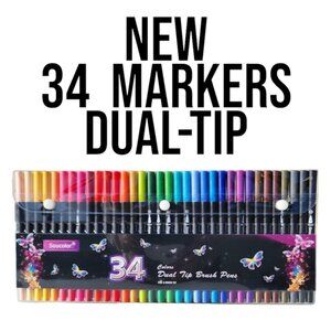 NEW Art Supplies Brush Markers Pens Adult Coloring Books School 34 Count Dual